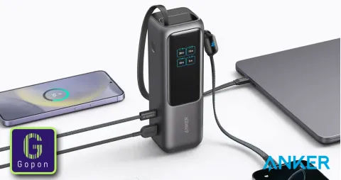 باور بانك بمنفذ USB ومنفذ Type-C بقدرة شحن سريع 165 واط مع سعة 25000 مللي أمبير مزود  بكابلين مدمجين من نوع Type-C – اللون: أسود من أنكر
