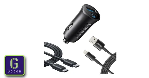 شاحن سيارة مع منفذ Type-C ومنفذ USB-A بقوة 30واط مع كيبل Type-c و Lightning من أنكر 