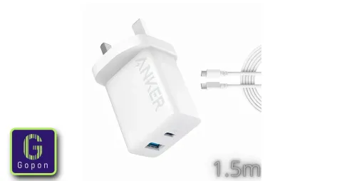 شاحن أنكر بقدرة 20 واط بمنفذين مع كابل USB-C - أبيض