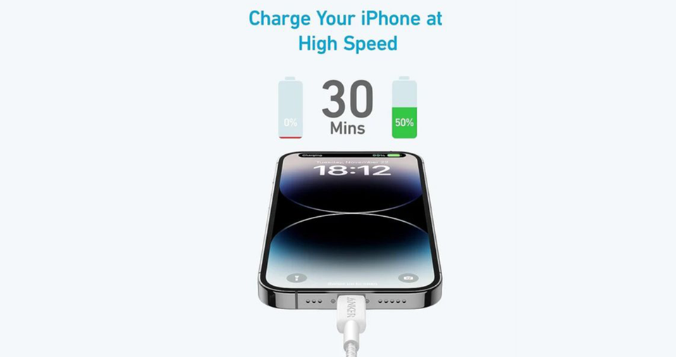 يبل شحن ونقل بيانات من Type-C إلى Lightning طول 1.8 متر 60 واط من أنكر