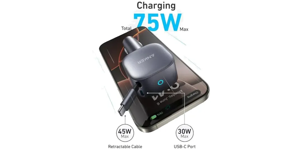 Anker Nano 75W USB-C Car Charger with Built-in Retractable USB-C Cable 
