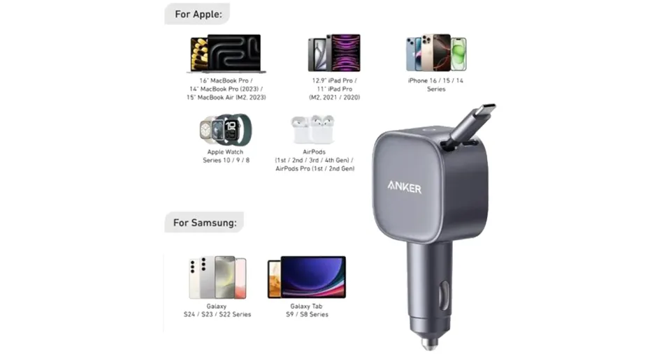 Anker Nano 75W USB-C Car Charger with Built-in Retractable USB-C Cable 
