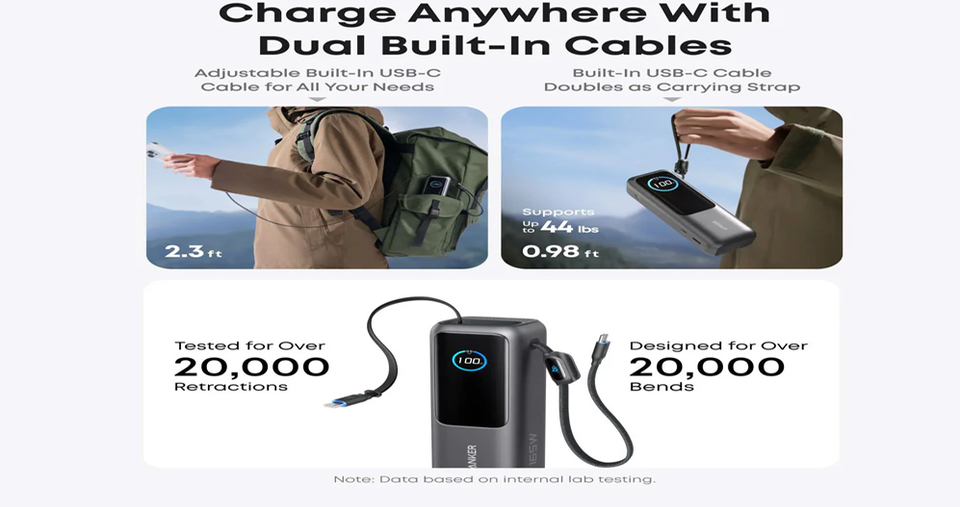 باور بانك بمنفذ USB ومنفذ Type-C بقدرة شحن سريع 165 واط مع سعة 25000 مللي أمبير مزود بكابلين مدمجين من نوع Type-C – اللون: أسود من أنكر