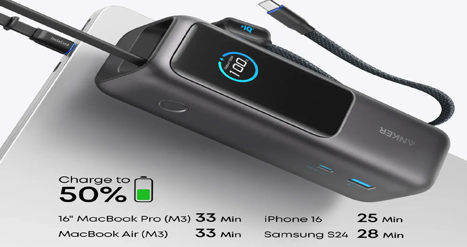 باور بانك بمنفذ USB ومنفذ Type-C بقدرة شحن سريع 165 واط مع سعة 25000 مللي أمبير مزود بكابلين مدمجين من نوع Type-C – اللون: أسود من أنكر
