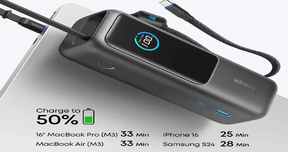 Anker Power Bank USB + Type-C 165W Fast Charging 25000mAh Built-In Dual Type-C Cable - Black