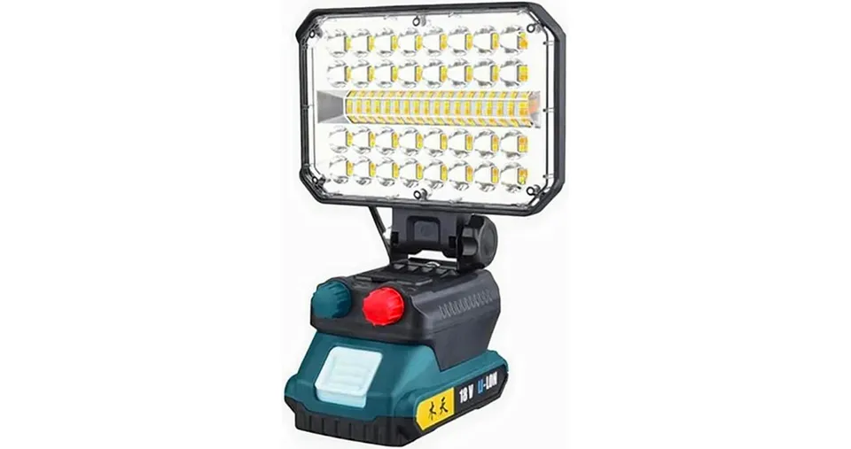كشاف عمل LED لاسلكي 18 فولت، مزود بمنافذ شحن USB وType-C ورأس إضاءة قابل للتعديل بزاوية 360 درجة