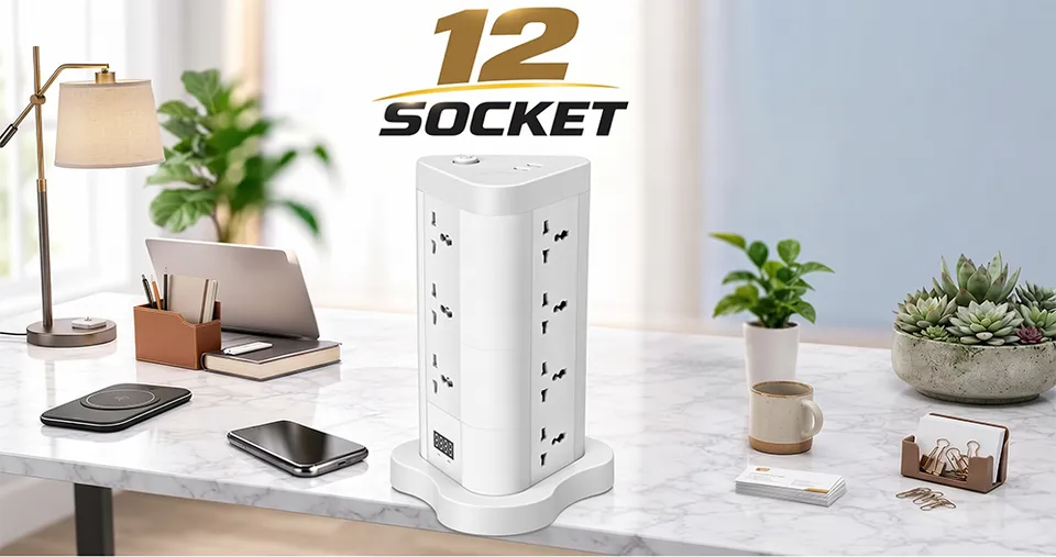 برج طاقة رأسي بـ12 مقبسًا، قدرة 2500 واط، مع 2 USB + Type-C وكابل بطول 1.8 متر