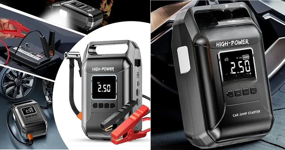 جهاز تشغيل سيارات فاخر 4 في 1 بقوة 1600 أمبير وضاغط هواء 150 PSI مع شاشة LCD وUSB-C ومصباح LED