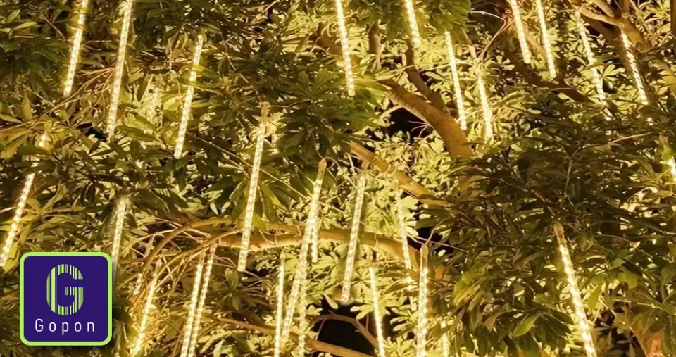 أضواء مطرية على شكل شلال LED بـ 8 أنابيب مع تأثير متساقط، تصميم مقاوم للماء للديكور الخارجي والداخلي، طول 30 سم - (لون أبيض دافئ)