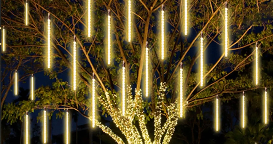 أضواء مطرية على شكل شلال LED بـ 8 أنابيب مع تأثير متساقط، تصميم مقاوم للماء للديكور الخارجي والداخلي، طول 30 سم - (لون أبيض دافئ)