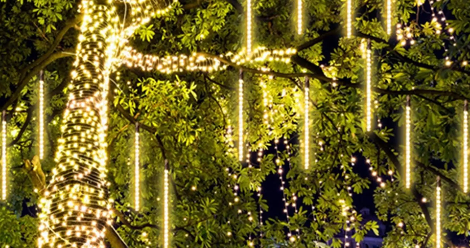 أضواء مطرية على شكل شلال LED بـ 8 أنابيب مع تأثير متساقط، تصميم مقاوم للماء للديكور الخارجي والداخلي، طول 30 سم - (لون أبيض دافئ)