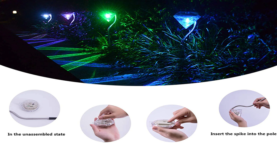طقم مكون من 4 مصابيح حديقة على شكل ماسة تعمل بالطاقة الشمسية وتغيير ألوان LED