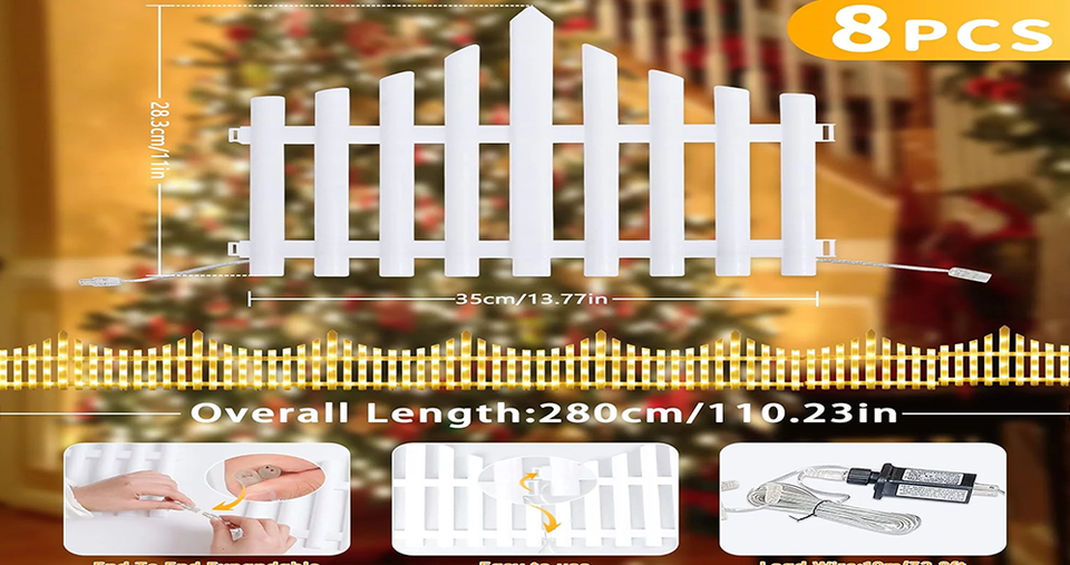 مصابيح سياج LED زخرفية مع تركيب سهل باستخدام مشابك وأوضاع متعددة - طقم مكون من 8 قطع - لون أبيض دافئ (الحجم الكلي 280 × 28.5 سم)