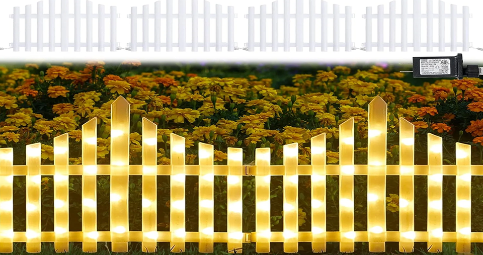 مصابيح سياج LED زخرفية مع تركيب سهل باستخدام مش ابك وأوضاع متعددة - طقم مكون من 8 قطع - لون أبيض دافئ (الحجم الكلي 280 × 28.5 سم)