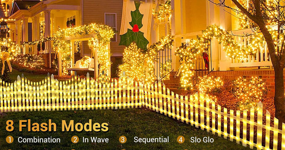 مصابيح سياج LED زخرفية مع تركيب سهل باستخدام مشابك وأوضاع متعددة - طقم مكون من 8 قطع - لون أبيض دافئ (الحجم الكلي 280 × 28.5 سم)