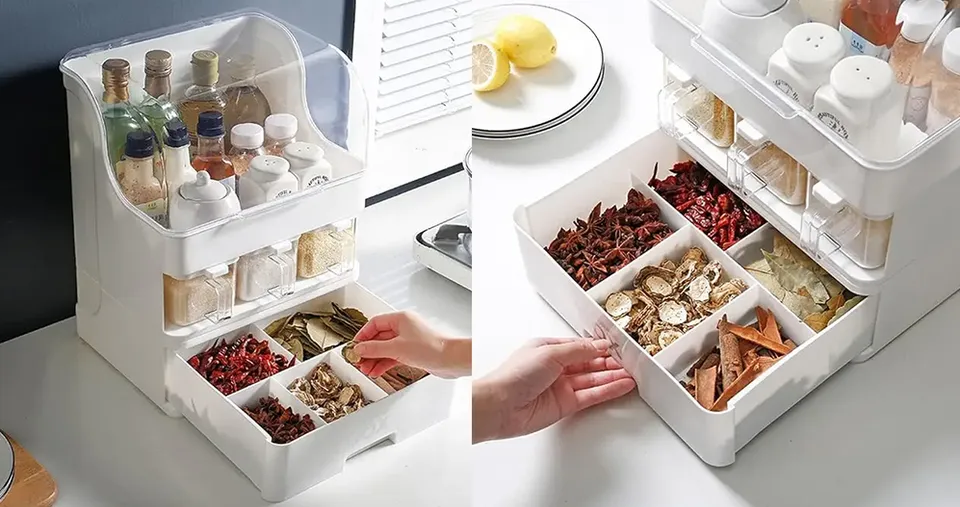 Multifunctional Kitchen Spice Organizer Rack Organizer with Dustproof Lid, Condiment Containers 30 x 24.5 x 40 cm