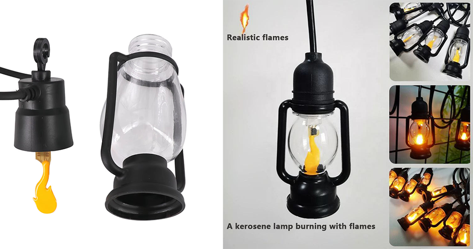 سلسلة أضواء LED تعمل بالطاقة الشمسية بتأثير اللهب مع 4 أوضاع وطول 6 متر مـزود بـ 10 مصابيح كابل مطاطي مقاوم للماء بقـدرة 1.35 واط مع بطارية بسـعة 1200 مللي لفناء الحديقة والشرفة وديكور الحفلات