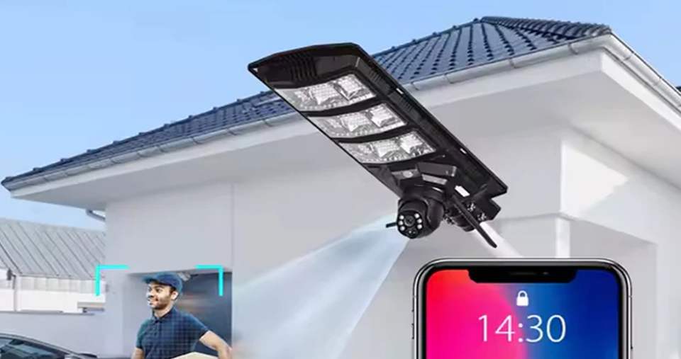 مصباح شارع شمسي 2 في 1 مع كاميرا ذكية 4G و4K بالذكاء الاصطناعي رؤية ليلية، حساس حركة، تطبيق موبايل وتحكم عن بعد، بقدرة 450 واط