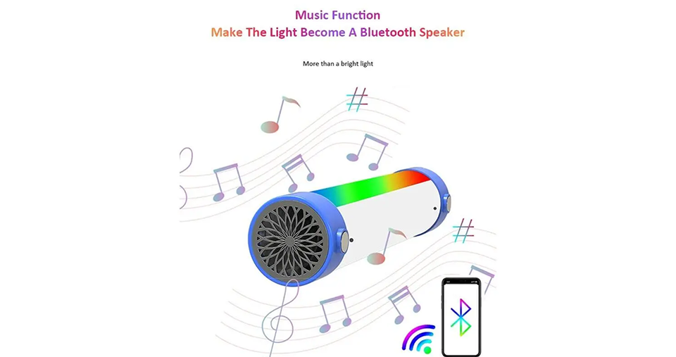 أنبوب ضوء LED مغناطيسي RGB مع سماعة بلوتوث وصوت محيطي 360° وتصميم قابل للتعليق وبطارية قابلة لإعادة الشحن 1500 مللي أمبير