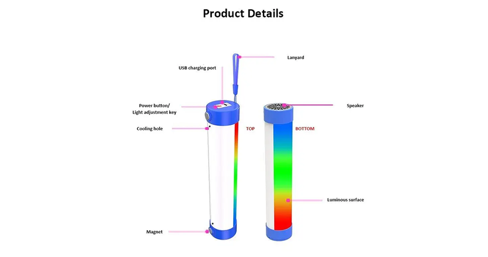 أنبوب ضوء LED مغناطيسي RGB مع سماعة بلوتوث وصوت محيطي 360° وتصميم قابل للتعليق وبطارية قابلة لإعادة الشحن 1500 مللي أمبير