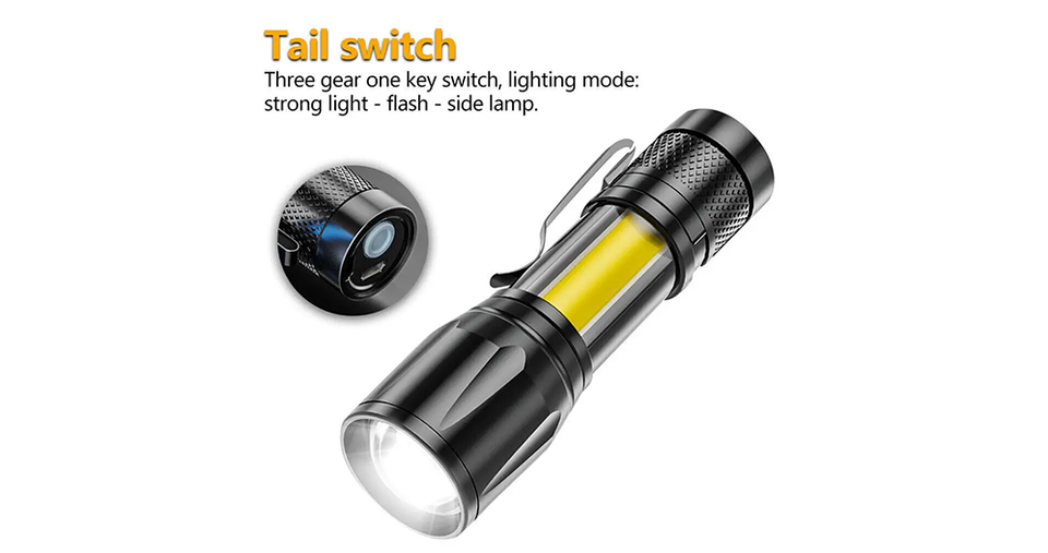 كشاف LED صغير فائق ا لسطوع قابل لإعادة الشحن عبر USB مع تقريب تلسكوبي وهيكل من سبائك الألومنيوم مقاوم للماء