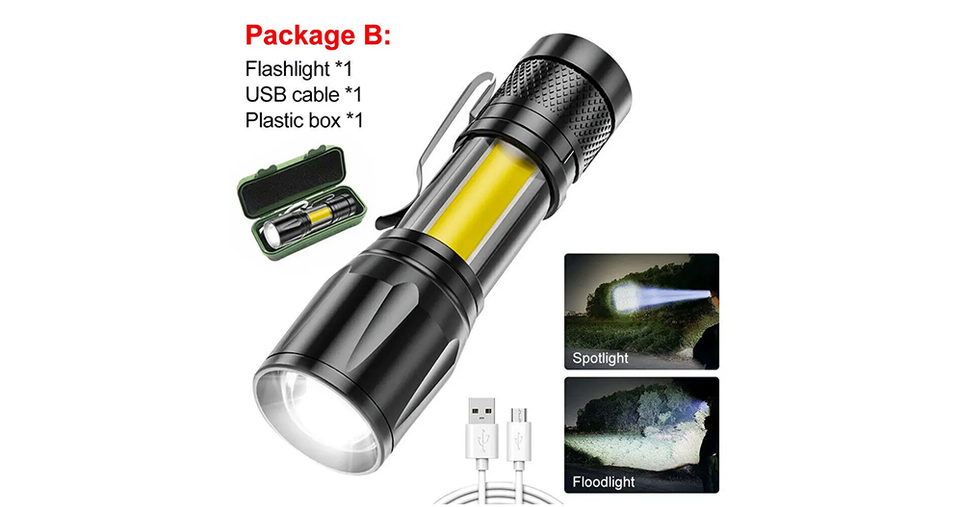 كشاف LED صغير فائق السطوع قابل لإعادة الشحن عبر USB مع تقريب تلسكوبي وهيكل من سبائك الألومنيوم مقاوم للماء