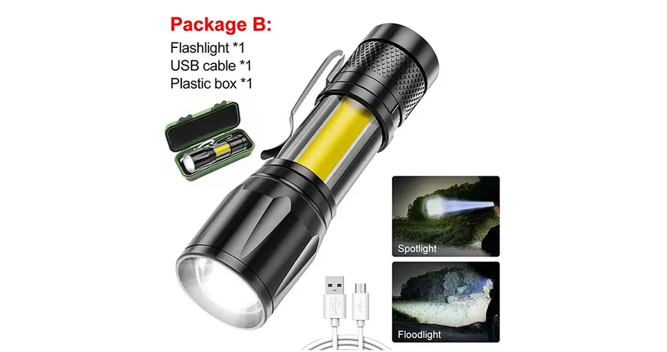 Ultra-Bright USB Rechargeable Mini LED Flashlight with Telescopic Zoom & Waterproof Aluminum Alloy Body