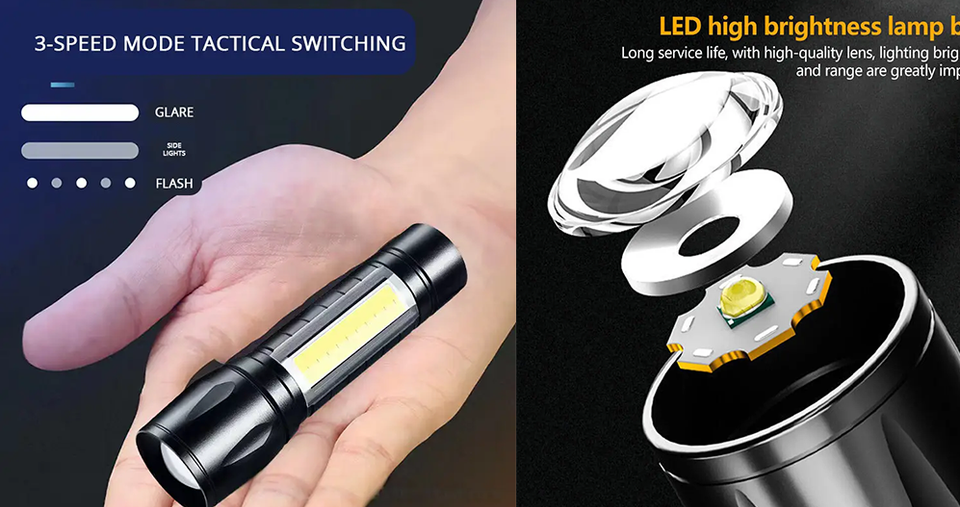 كشاف LED صغير فائق السطوع قابل لإعادة الشحن عبر USB مع تقريب تلسكوبي وهيكل من سبائك الألومنيوم مقاوم للماء