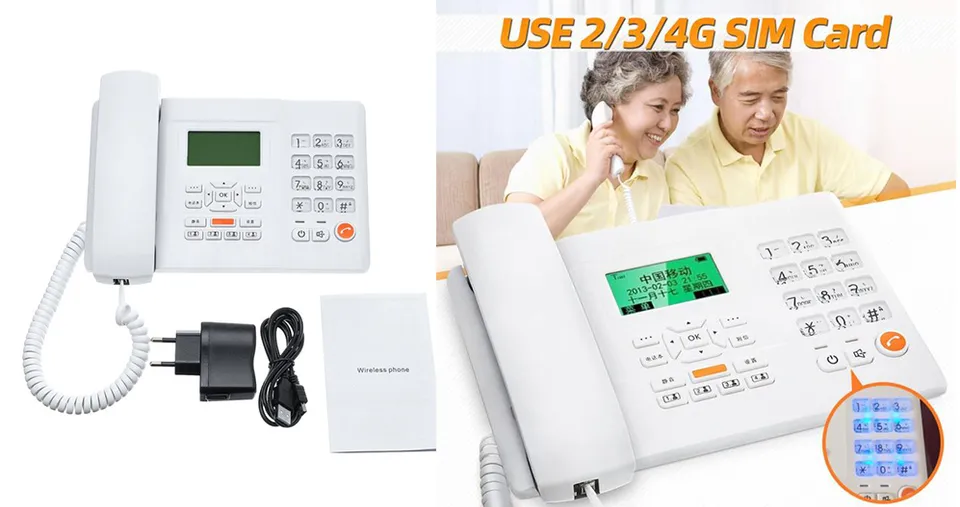 هاتف لاسلكي قابل لإعادة الشحن يدعم شريحة SIM والهاتف الأرضي مع شاشة LCD، رسائل SMS، معرف المتصل، وضع مكبر الصوت بدون استخدام اليدين، والاتصال السريع