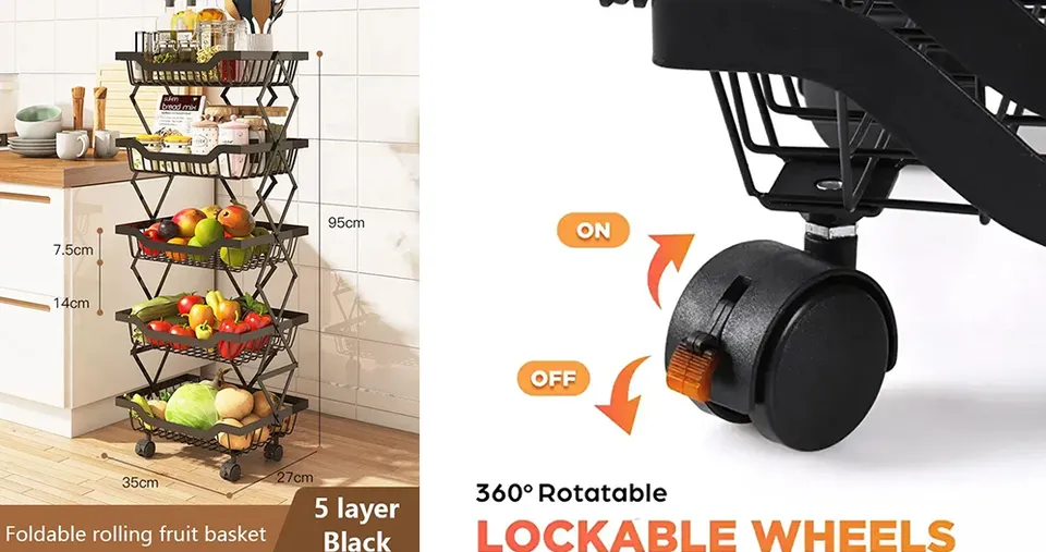 5 Layer Adjustable Foldable Movable Storage Rack for Kitchen Use