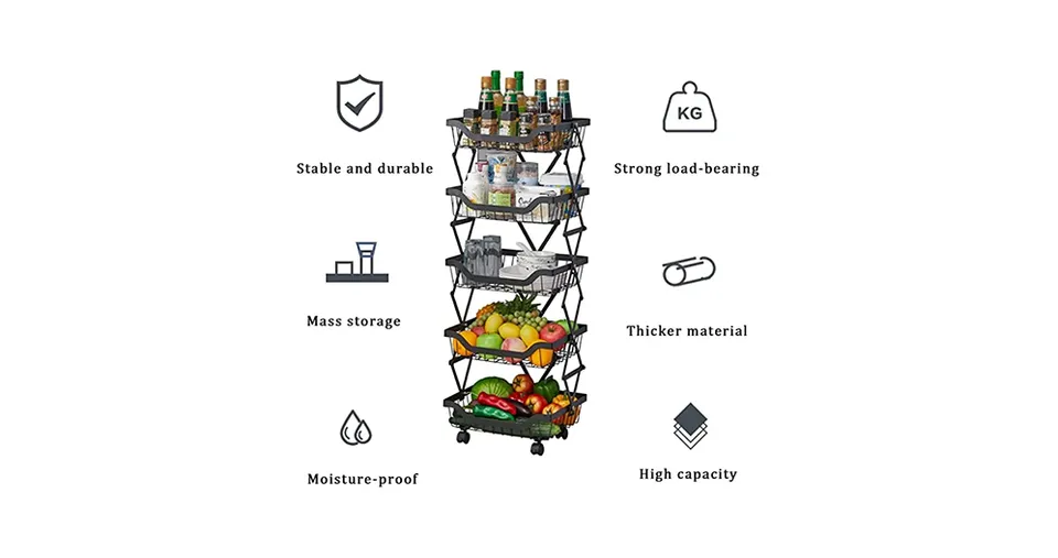 5 Layer Adjustable Foldable Movable Storage Rack for Kitchen Use