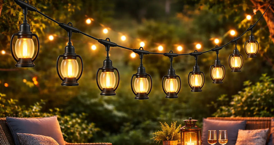 سلسلة إضاءة كهربائية بطول 5 متر بتصميم الفوانيس 10 لمبات عتيقة قابس أوروبي إضاءة LED دافئة للديكور الخارجي والحدائق والحفلات