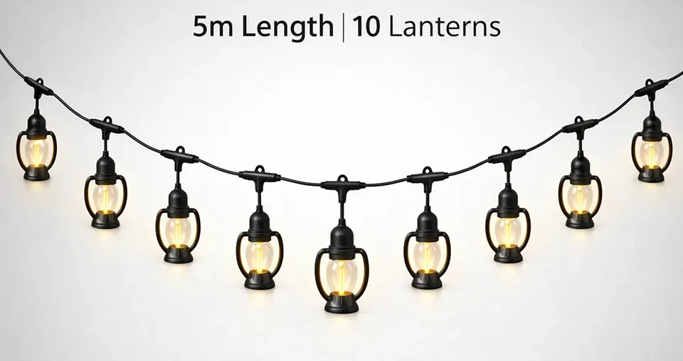 Electric Lantern Style 5M String Lights with 10 Vintage Bulbs, EU Plug, Warm LED for Outdoor Garden & Party Decor