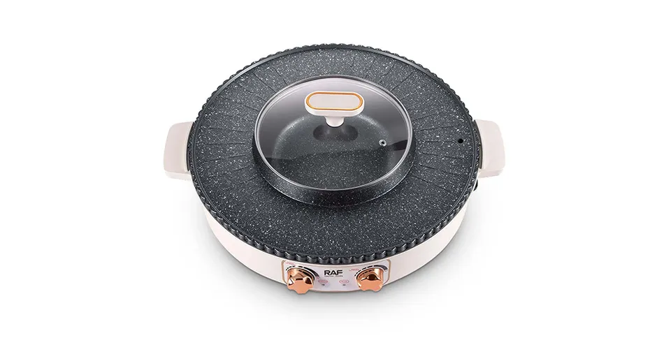 RAF 2 x 1 Electric BBQ Grill & Hot Pot with Non-Stick Cooking Plate 1600W & 2L Tabletop Cooker