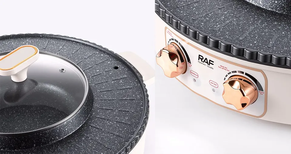 RAF 2 x 1 Electric BBQ Grill & Hot Pot with Non-Stick Cooking Plate 1600W & 2L Tabletop Cooker
