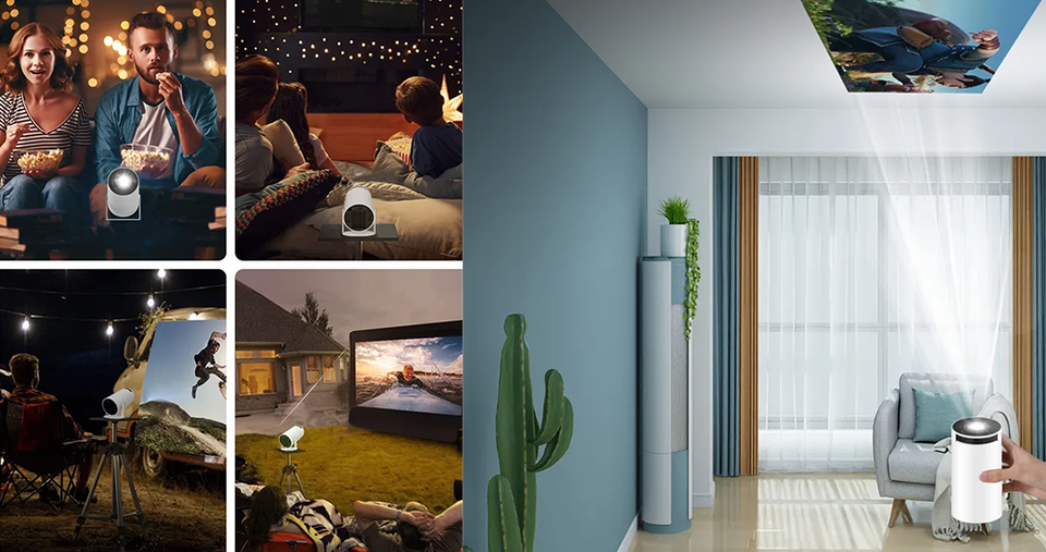 جهاز عرض ذكي محمول بدقة HD مع اتصال WiFi ثنائي النطاق ت تشغيل عن بعد، وتصحيح تلقائي للصورة مع دعم عرض يصل إلى 130 بوصة