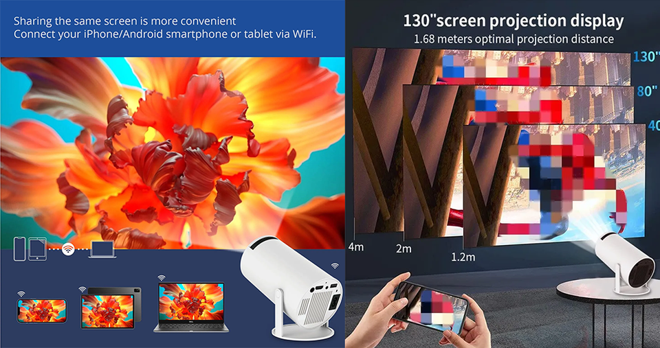 جهاز عرض ذكي محمول بدقة HD مع اتصال WiFi ثنائي النطاق ت تشغيل عن بعد، وتصحيح تلقائي للصورة مع دعم عرض يصل إلى 130 بوصة