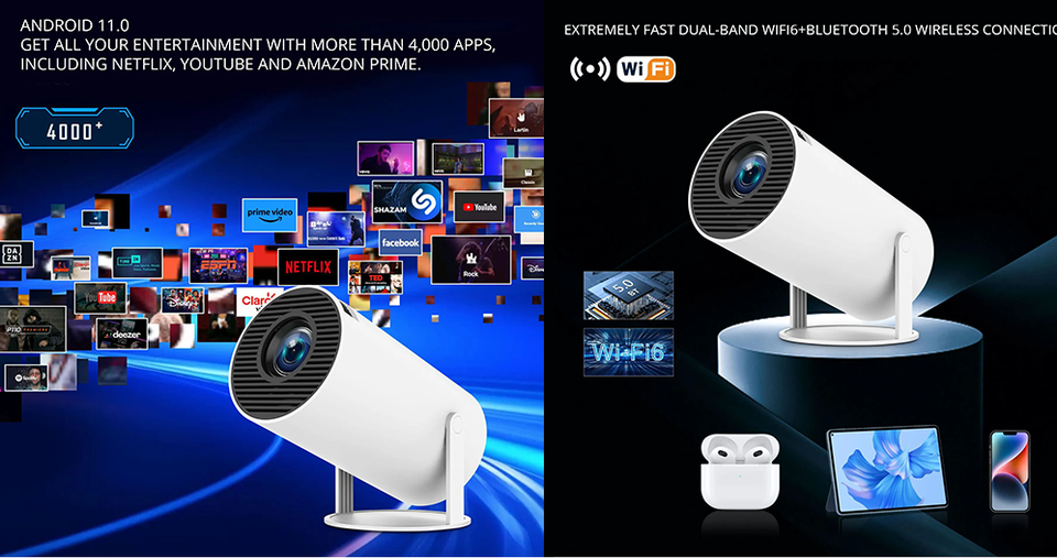 جهاز عرض ذكي محمول بدقة HD مع اتصال WiFi ثنائي النطاق ت تشغيل عن بعد، وتصحيح تلقائي للصورة مع دعم عرض يصل إلى 130 بوصة