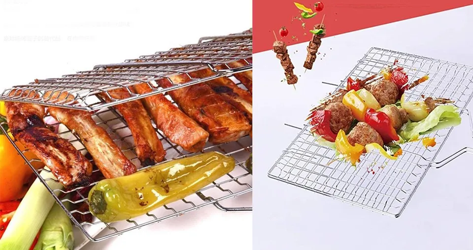 Stainless Steel Mesh Net Holder for Barbeque Grill with Wooden Handle - 40 x 30 cm