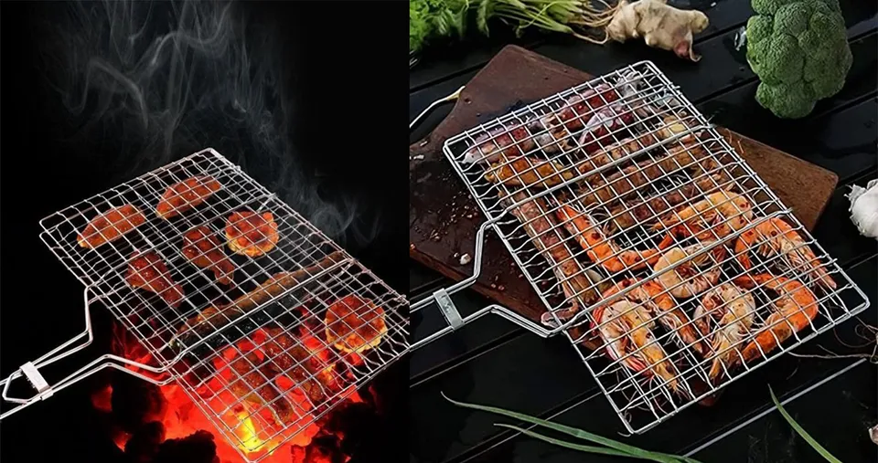 Stainless Steel Mesh Net Holder for Barbeque Grill with Wooden Handle - 40 x 30 cm