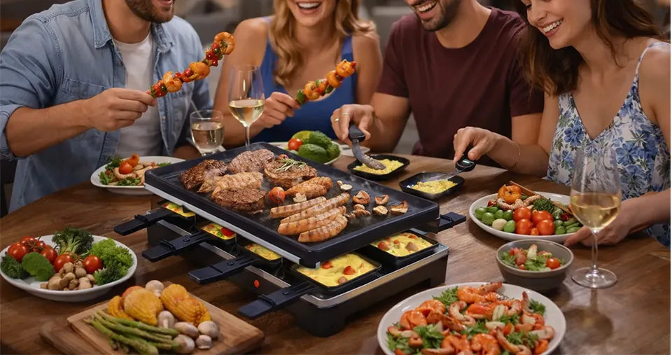 Sokany Raclette Table Grill with 8 Individual Non-Stick Pans for Meat, Vegetables & Cheese Melting 1600W