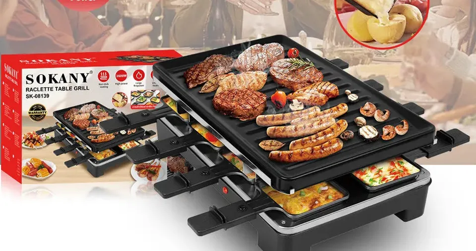 Sokany Raclette Table Grill with 8 Individual Non-Stick Pans for Meat, Vegetables & Cheese Melting 1600W