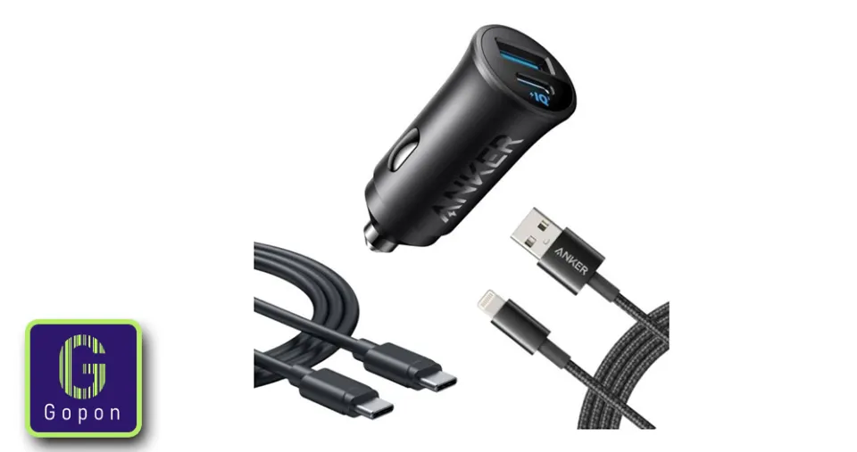 شاحن سيارة مع منفذ Type-C ومنفذ USB-A بقوة 30واط مع كيبل Type-c و Lightning من أنكر