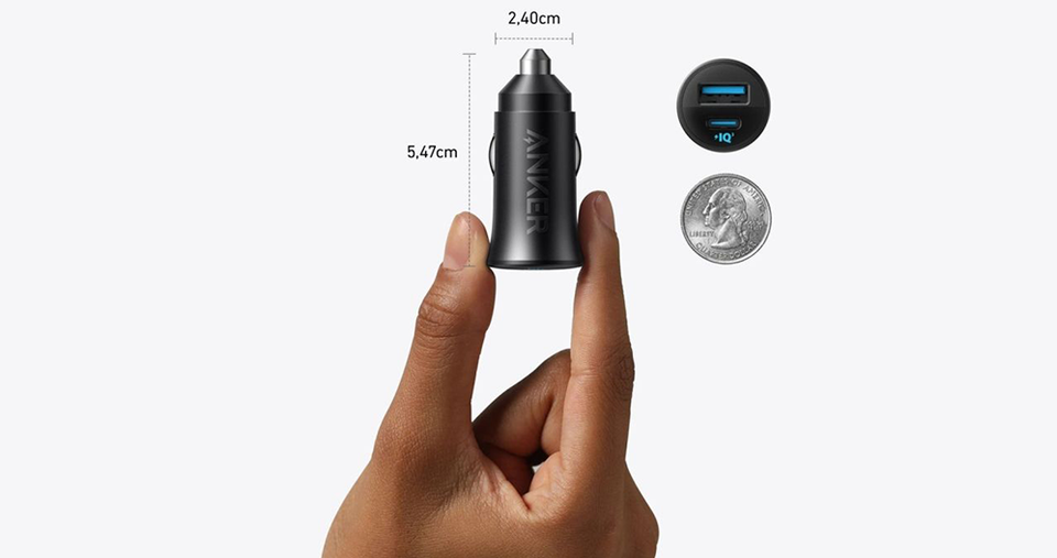 شاحن سيارة مع منفذ Type-C ومنفذ USB-A بقوة 30واط مع كيبل Type-c و Lightning من أنكر