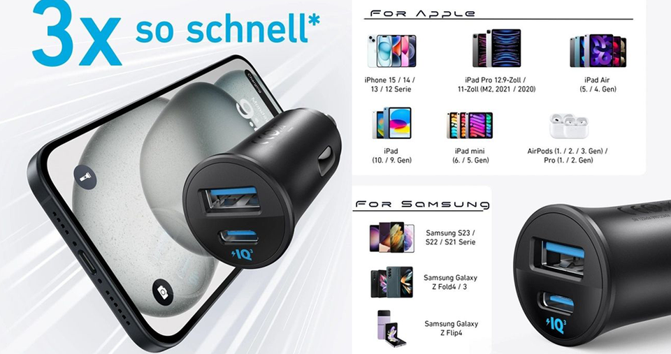 شاحن سيارة مع منفذ Type-C ومنفذ USB-A بقوة 30واط مع كيبل Type-c و Lightning من أنكر