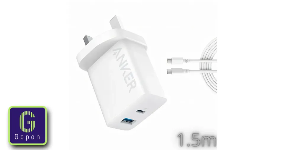 شاحن أنكر بقدرة 20 واط بمنفذين مع كابل USB-C - أبيض