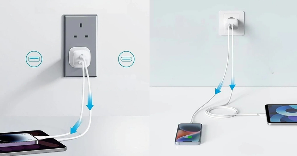 شاحن أنكر بقدرة 20 واط بمنفذين مع كابل USB-C - أبيض