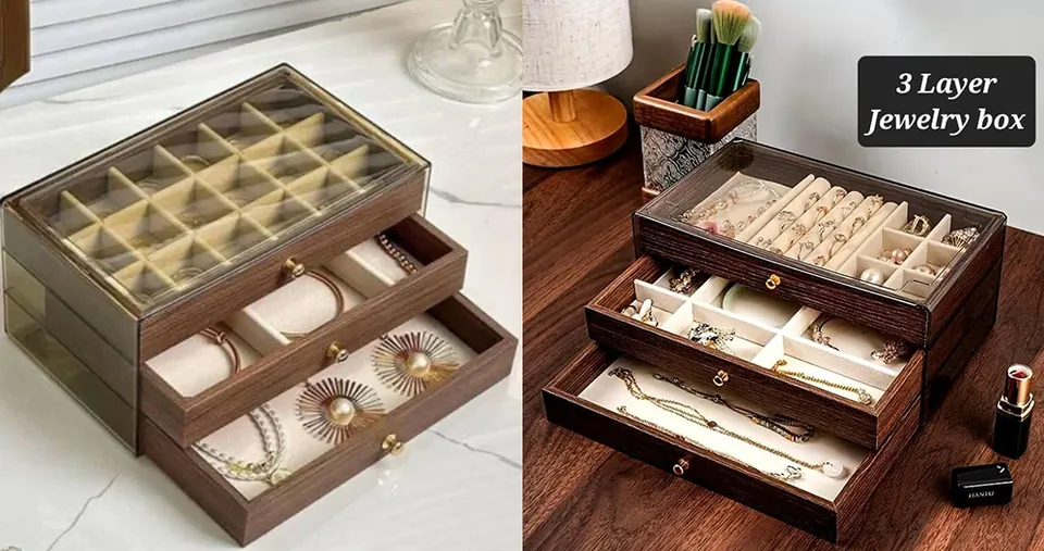 3-Layer Wooden Jewelry & Accessories Organizer Box