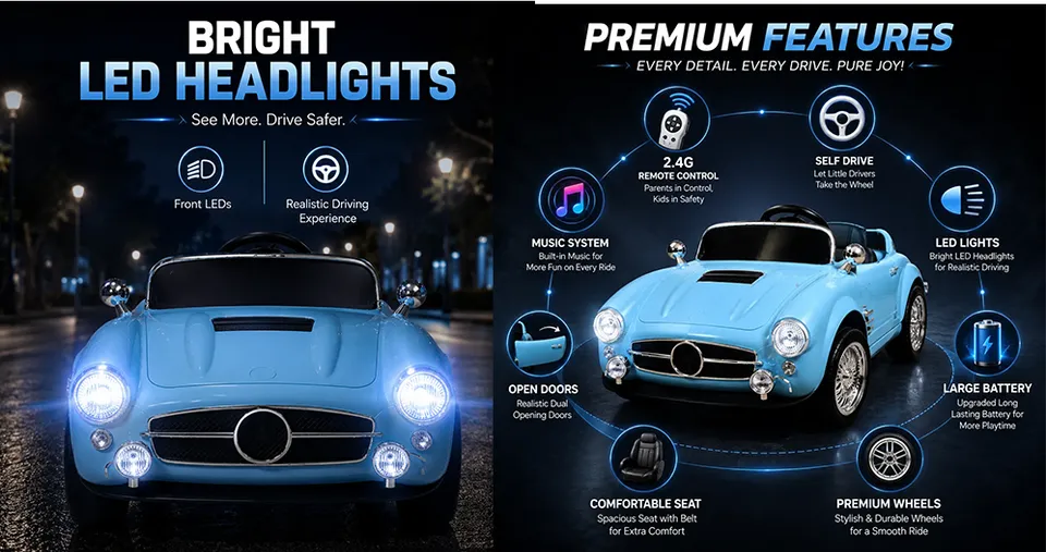 Premium 12V Kids Electric Ride-On Retro Car with Parent Remote Control, Music System, LED Lights, Soft Start, USB/AUX & Rechargeable Battery