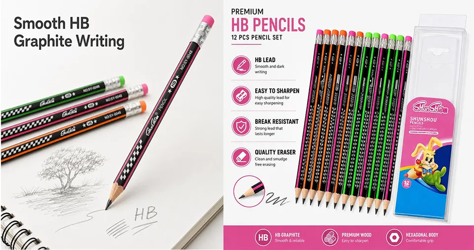 12 PCS Premium HB Graphite Pencils with Eraser Tips, Break-Resistant Lead & Hexagonal Grip for School, Office, Writing, Drawing & Sketching